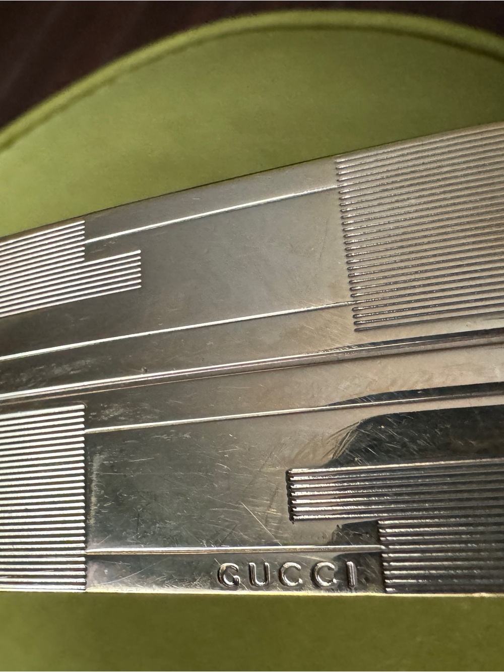 Gucci Silver Compact with Olive Green Interior Accent